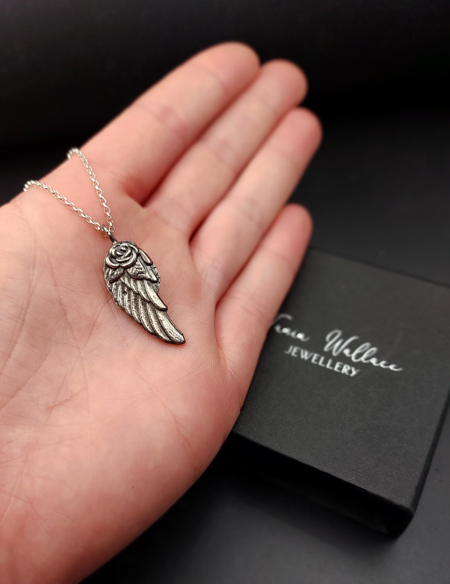 Unisex Angel Wing and Rose Sterling Silver Pendant