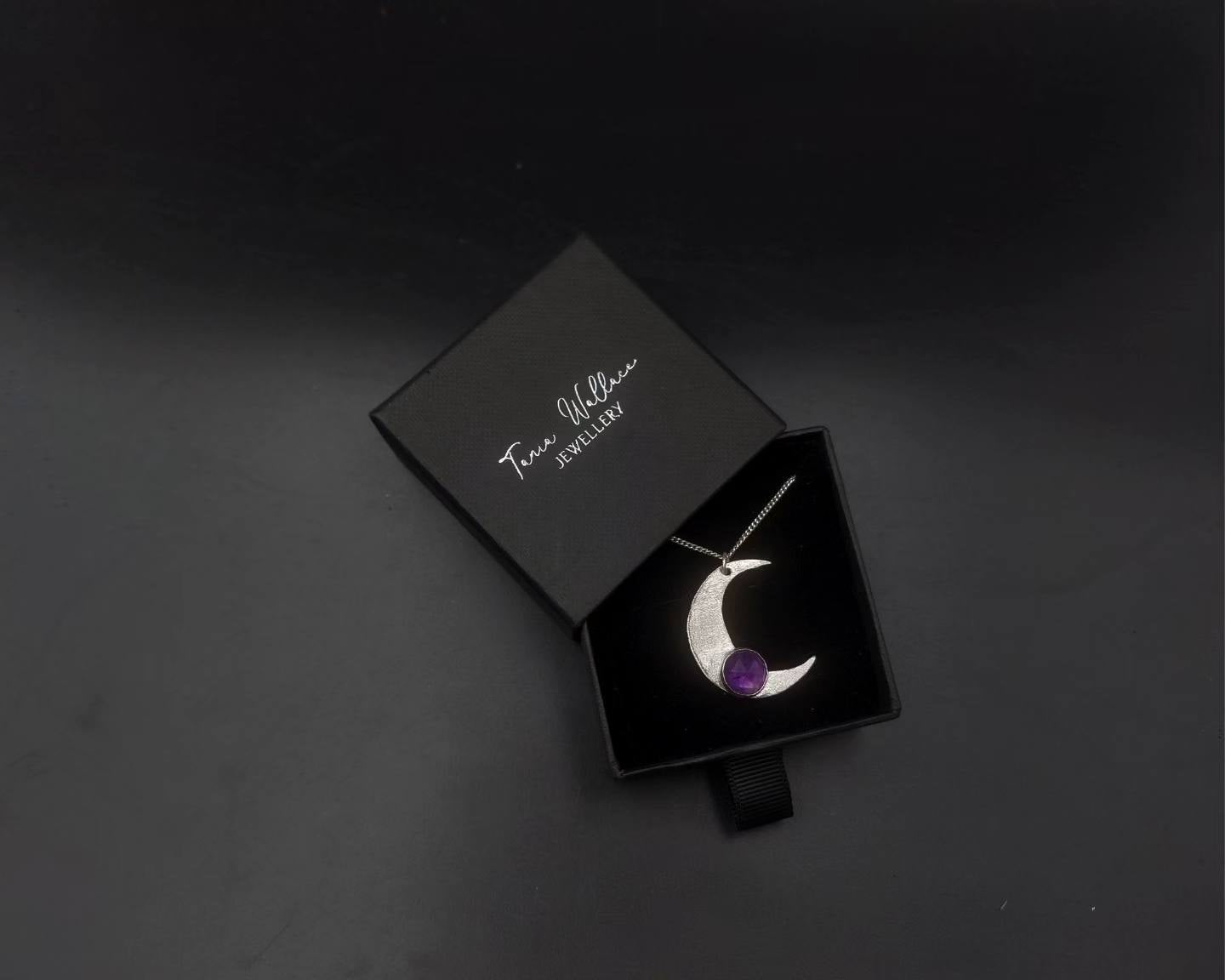 Moon Crescent Pendant with Faceted Amethyst