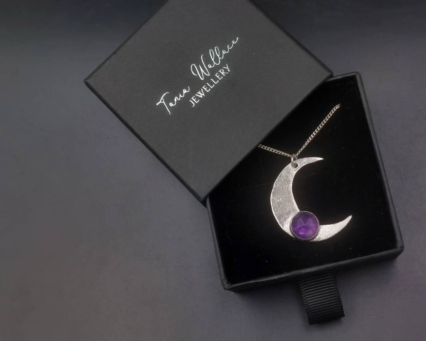 Moon Crescent Pendant with Faceted Amethyst