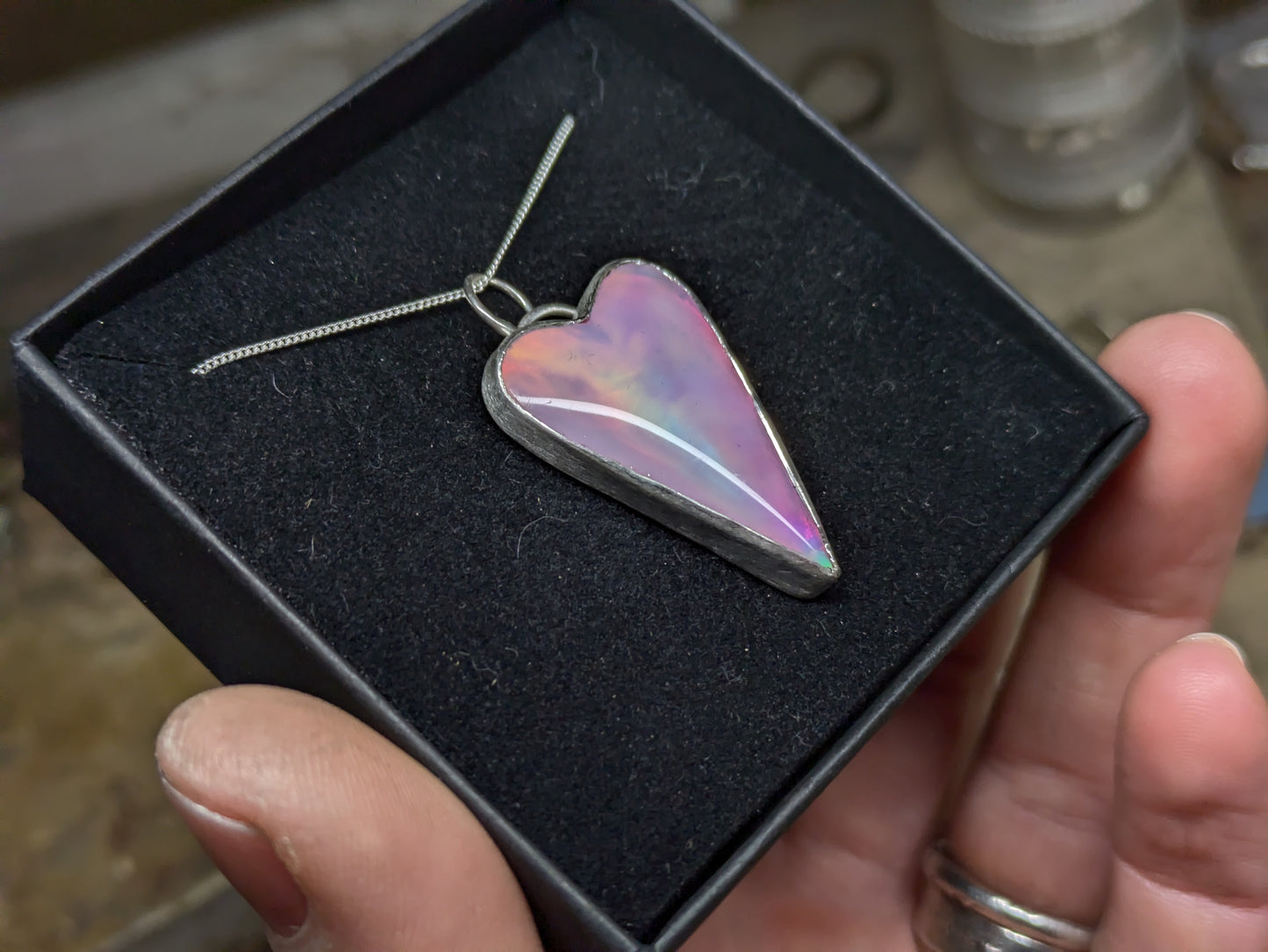 Long Pastel Aurora Opal heart Pendant
