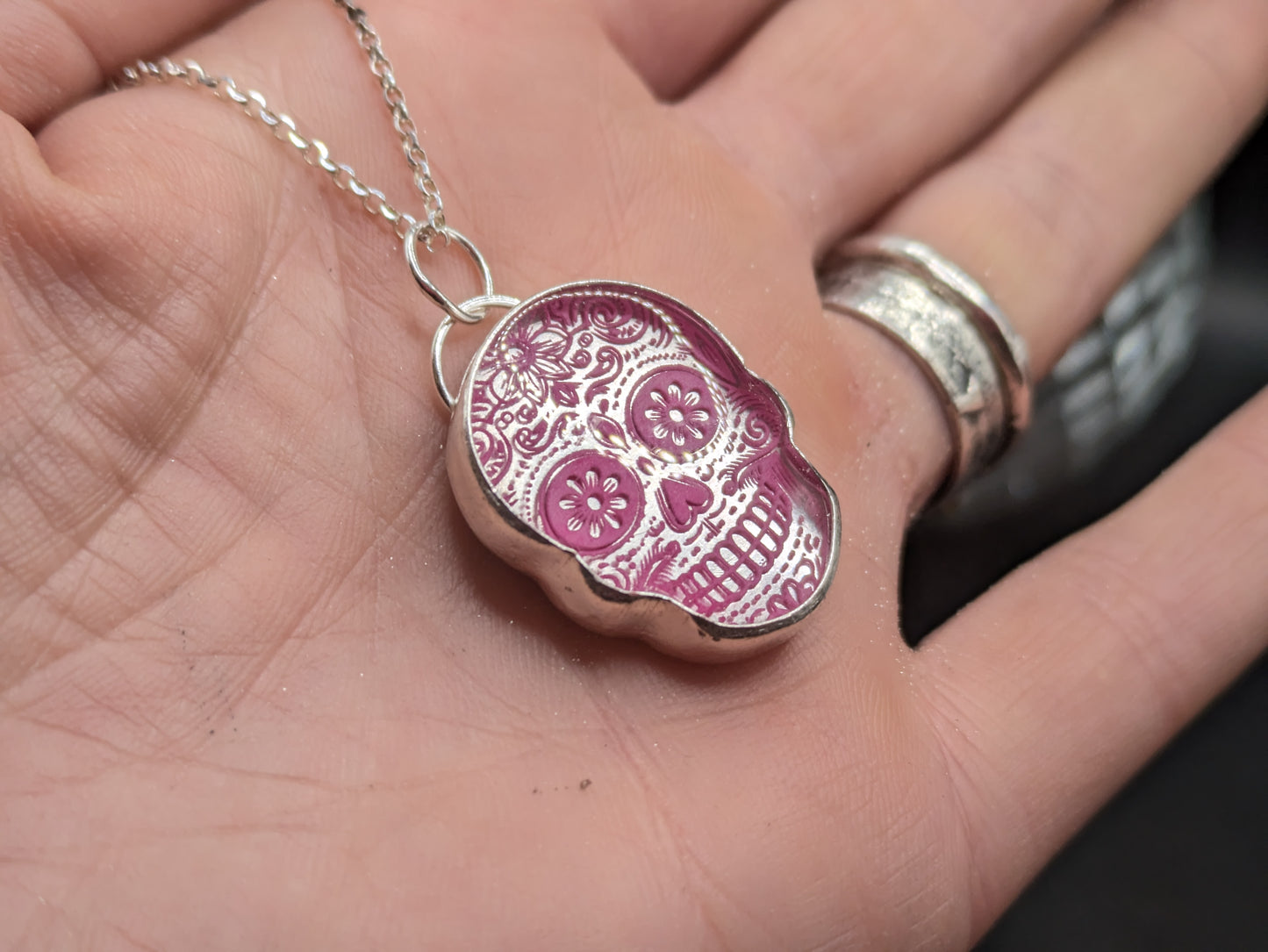 Pink Engraved Candy Skull Pendant