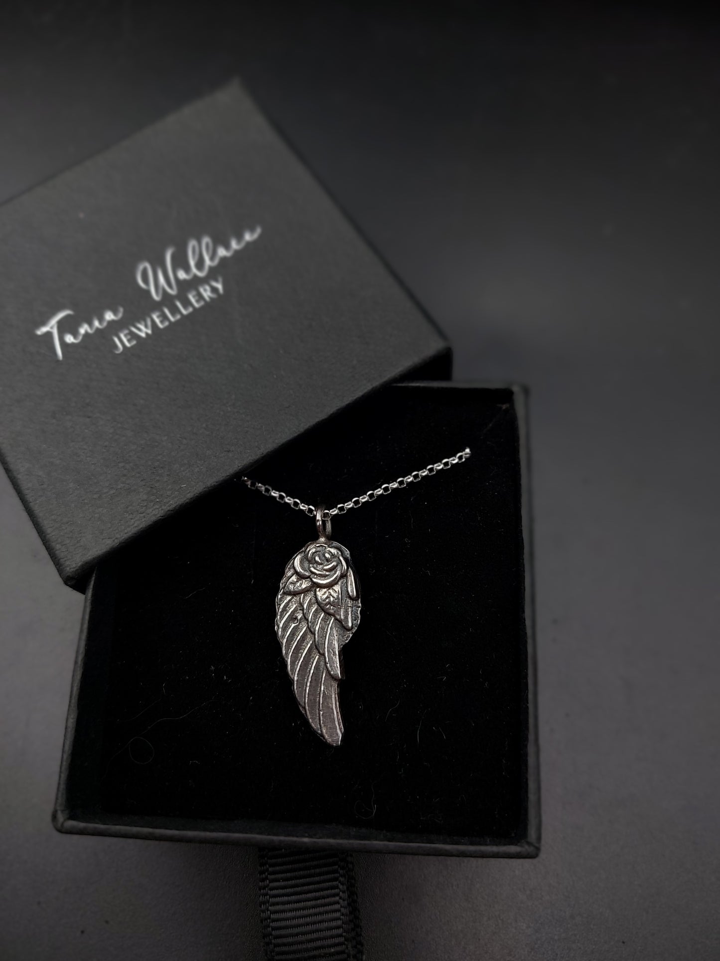 Unisex Angel Wing and Rose Sterling Silver Pendant