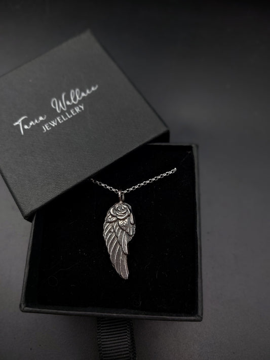Unisex Angel Wing and Rose Sterling Silver Pendant