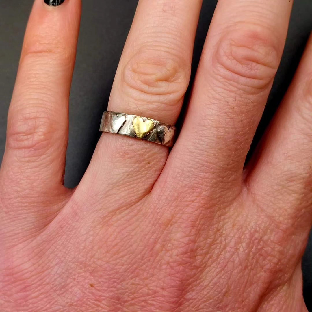 Sterling Silver and Brass Rustic Heart Ring