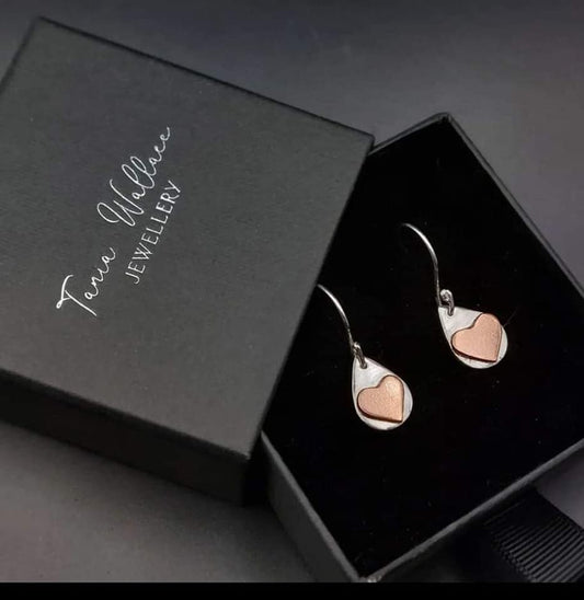 Silver teardrop drop hooks with copper hearts