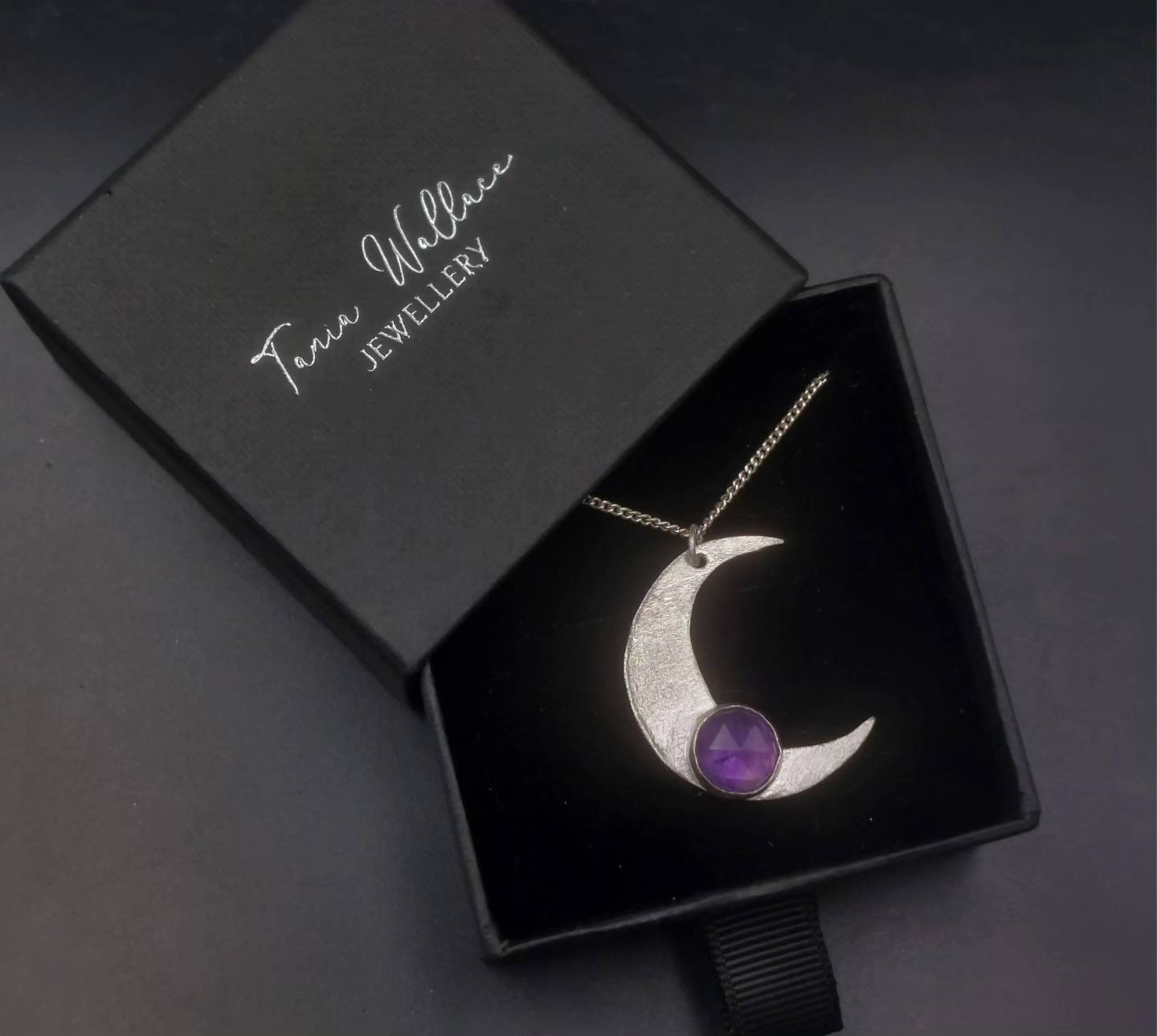 Moon Crescent Pendant with Faceted Amethyst