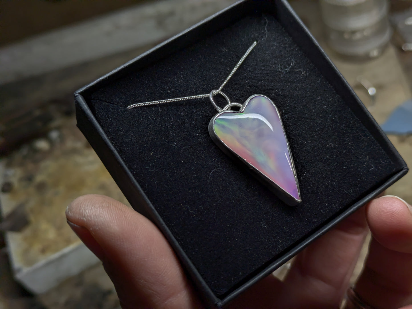 Long Pastel Aurora Opal heart Pendant