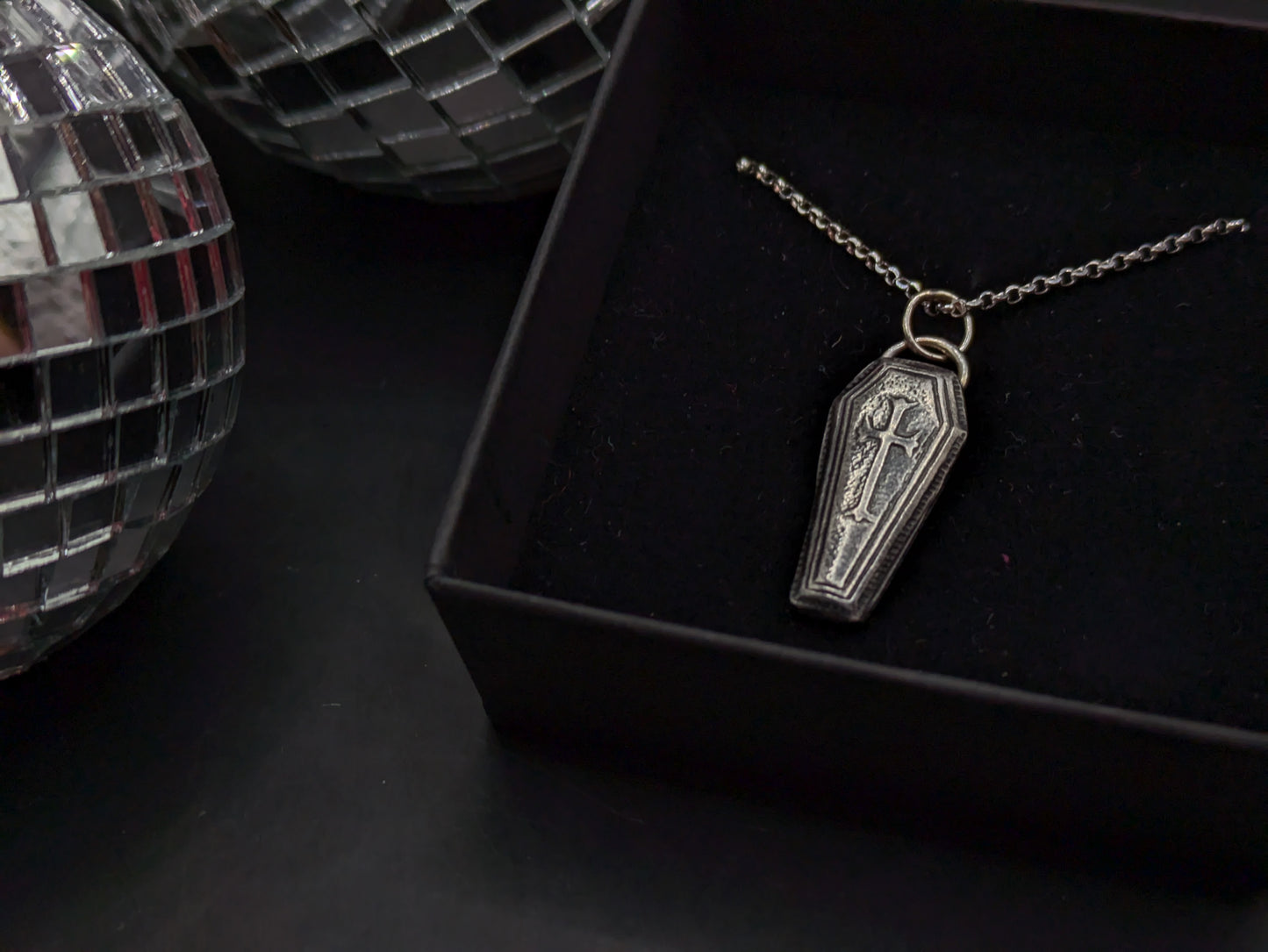 3D Oxidised Coffin Necklace
