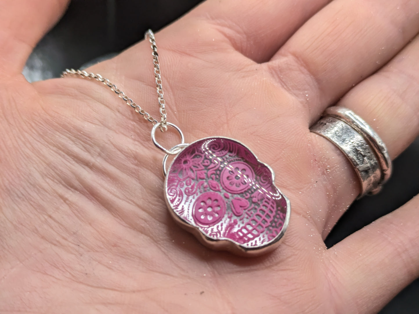 Pink Engraved Candy Skull Pendant