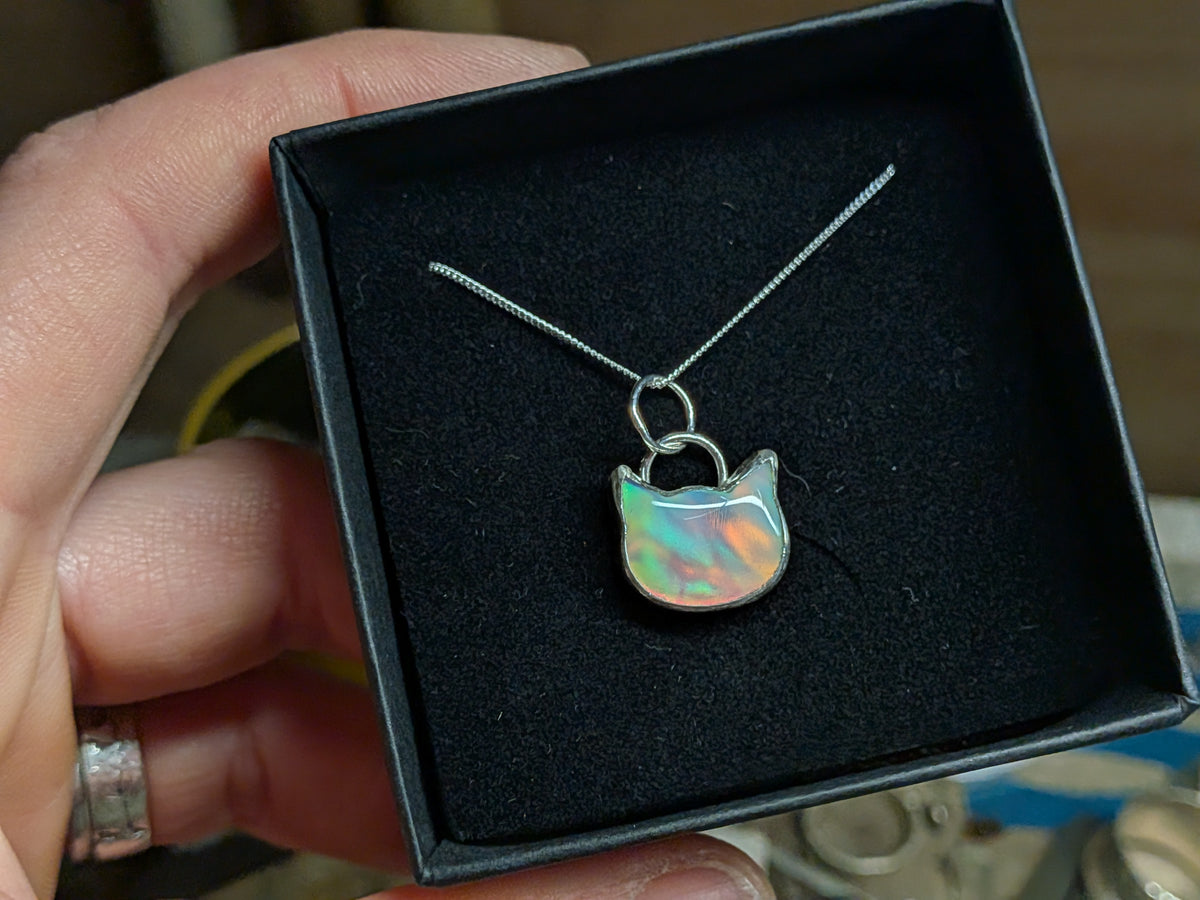 Iridescent Aurora Opal Cat Pendant