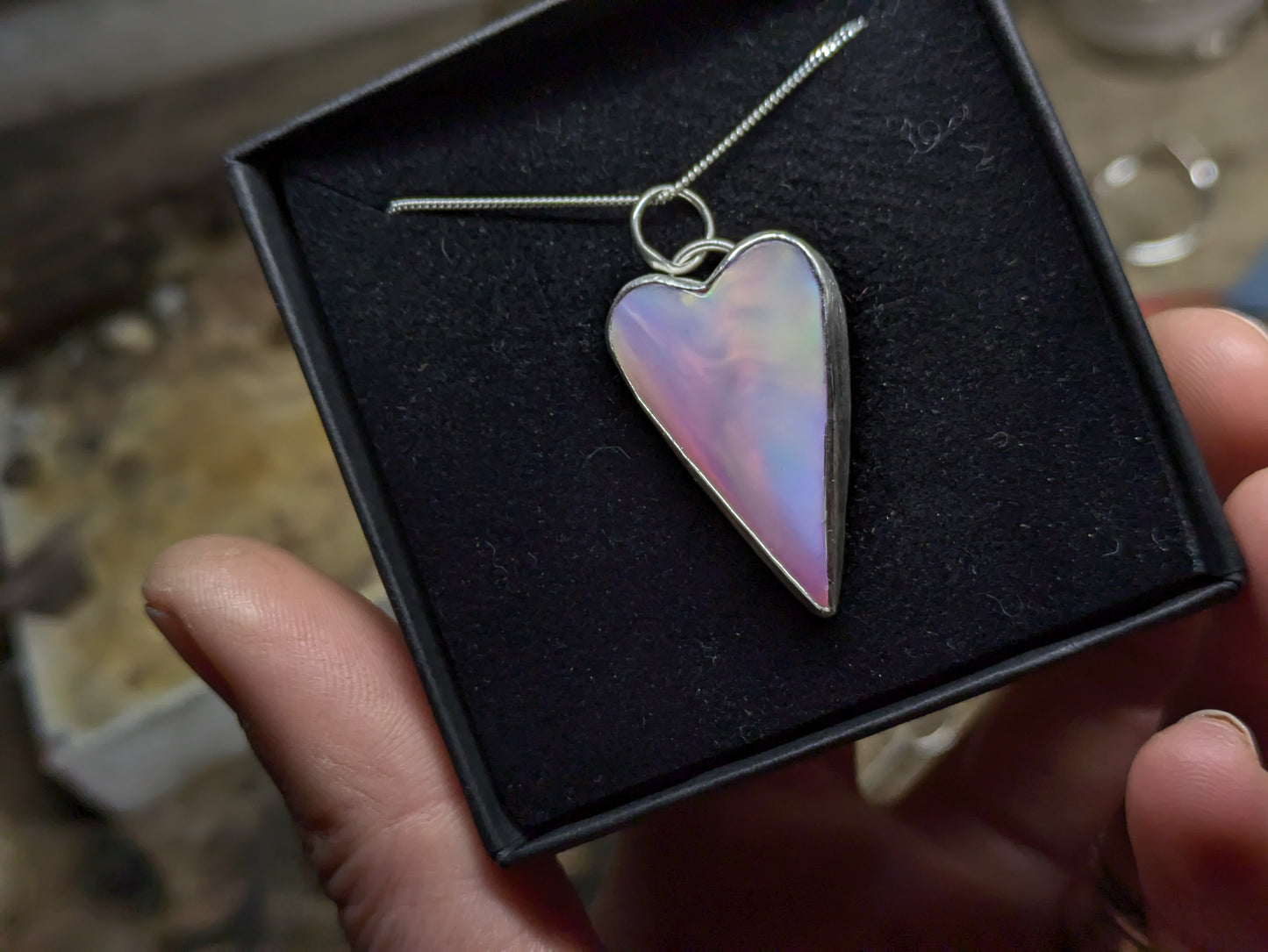 Long Pastel Aurora Opal heart Pendant