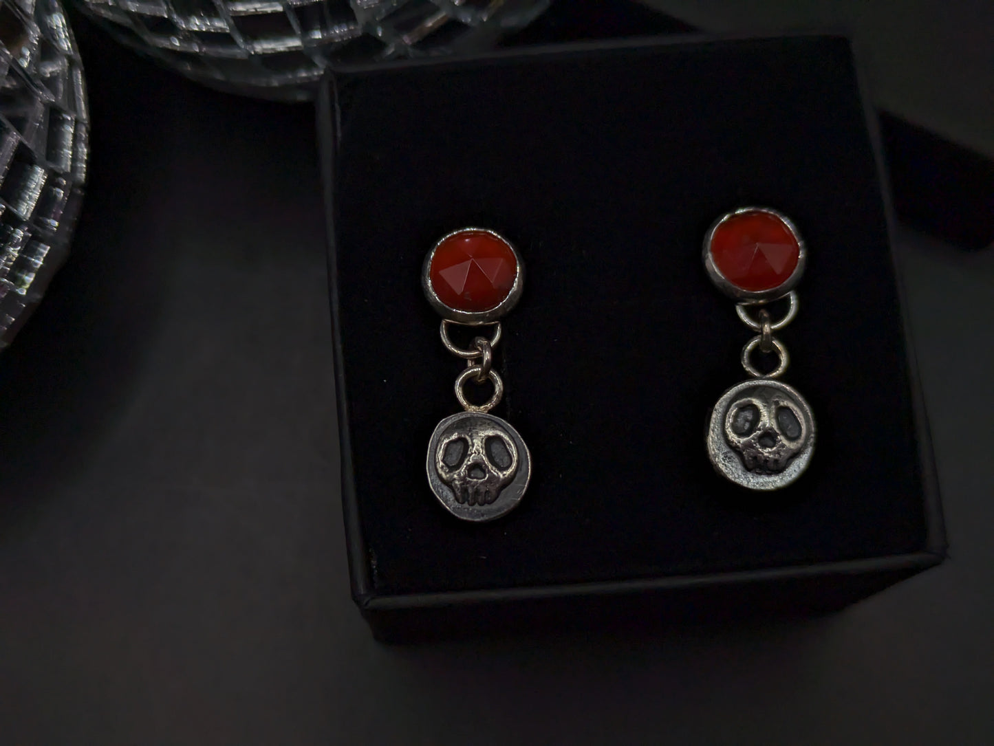 Carnelian and Silver Skull Drops