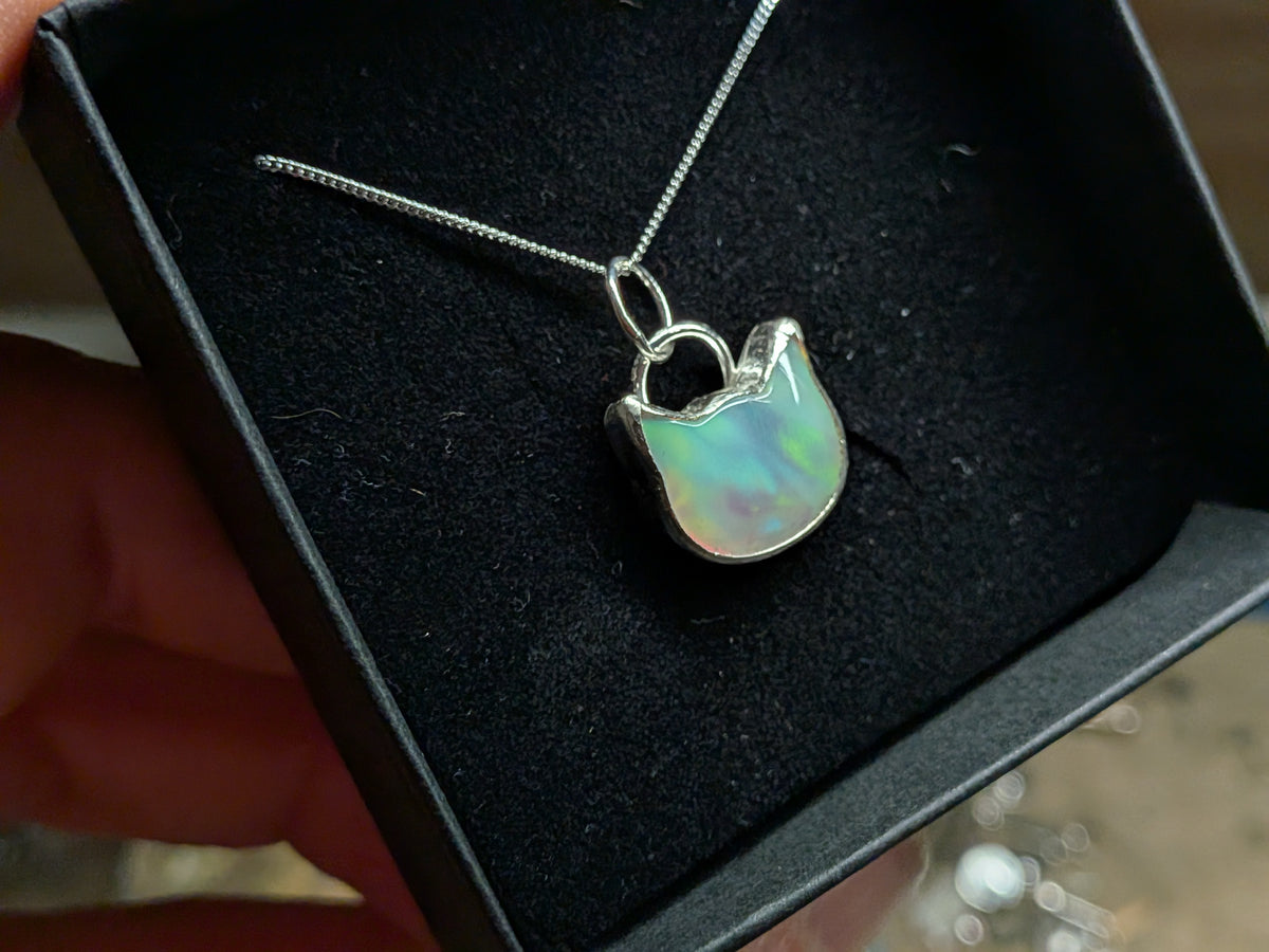Iridescent Aurora Opal Cat Pendant