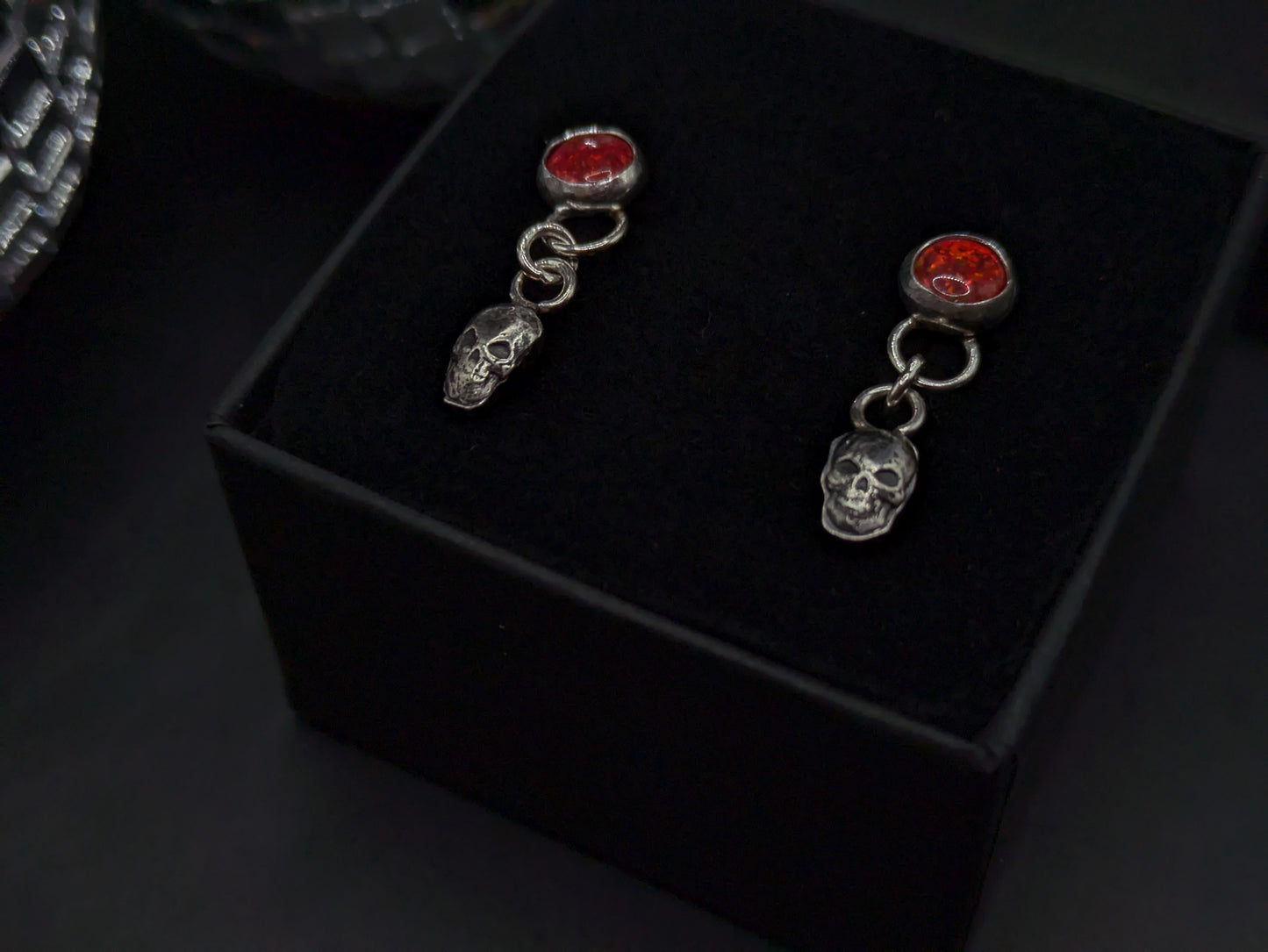 Red Opal With Skull Drop Studs