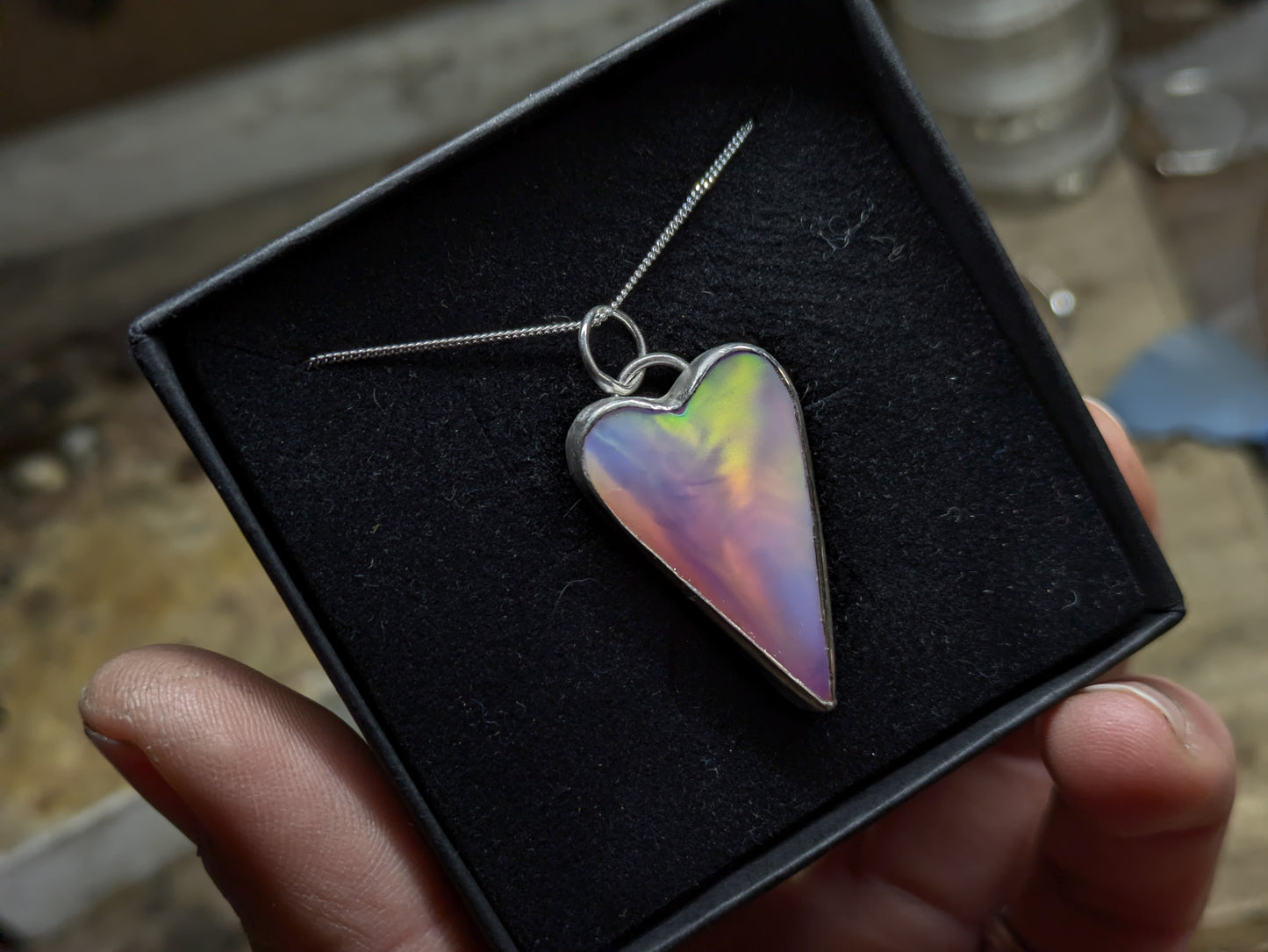 Long Pastel Aurora Opal heart Pendant