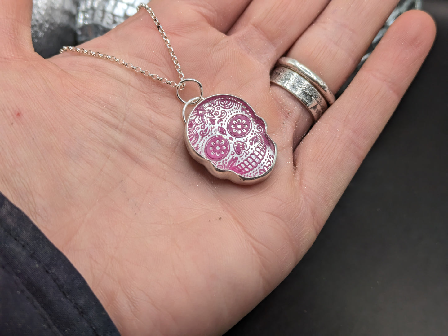 Pink Engraved Candy Skull Pendant