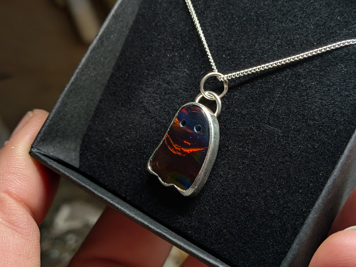 Iridescent Black Aurora Opal Ghost Pendant