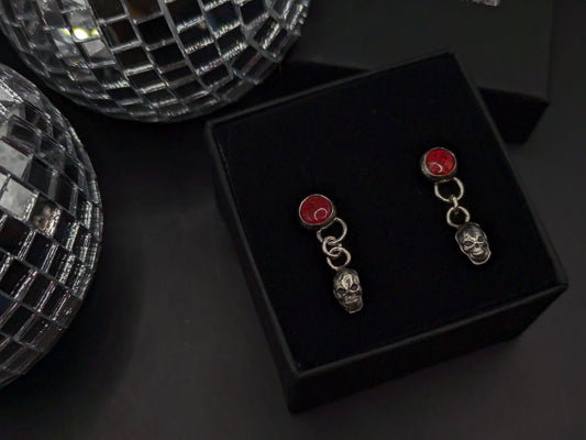 Red Opal With Skull Drop Studs