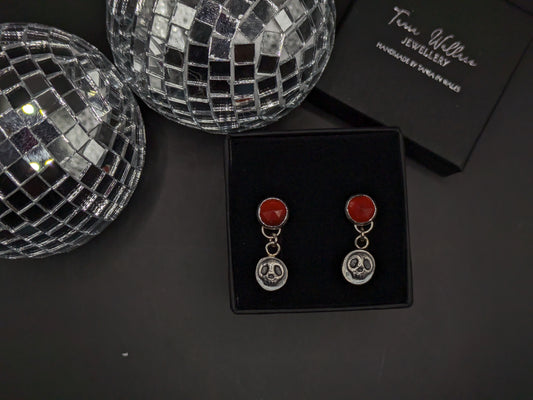 Carnelian and Silver Skull Drops