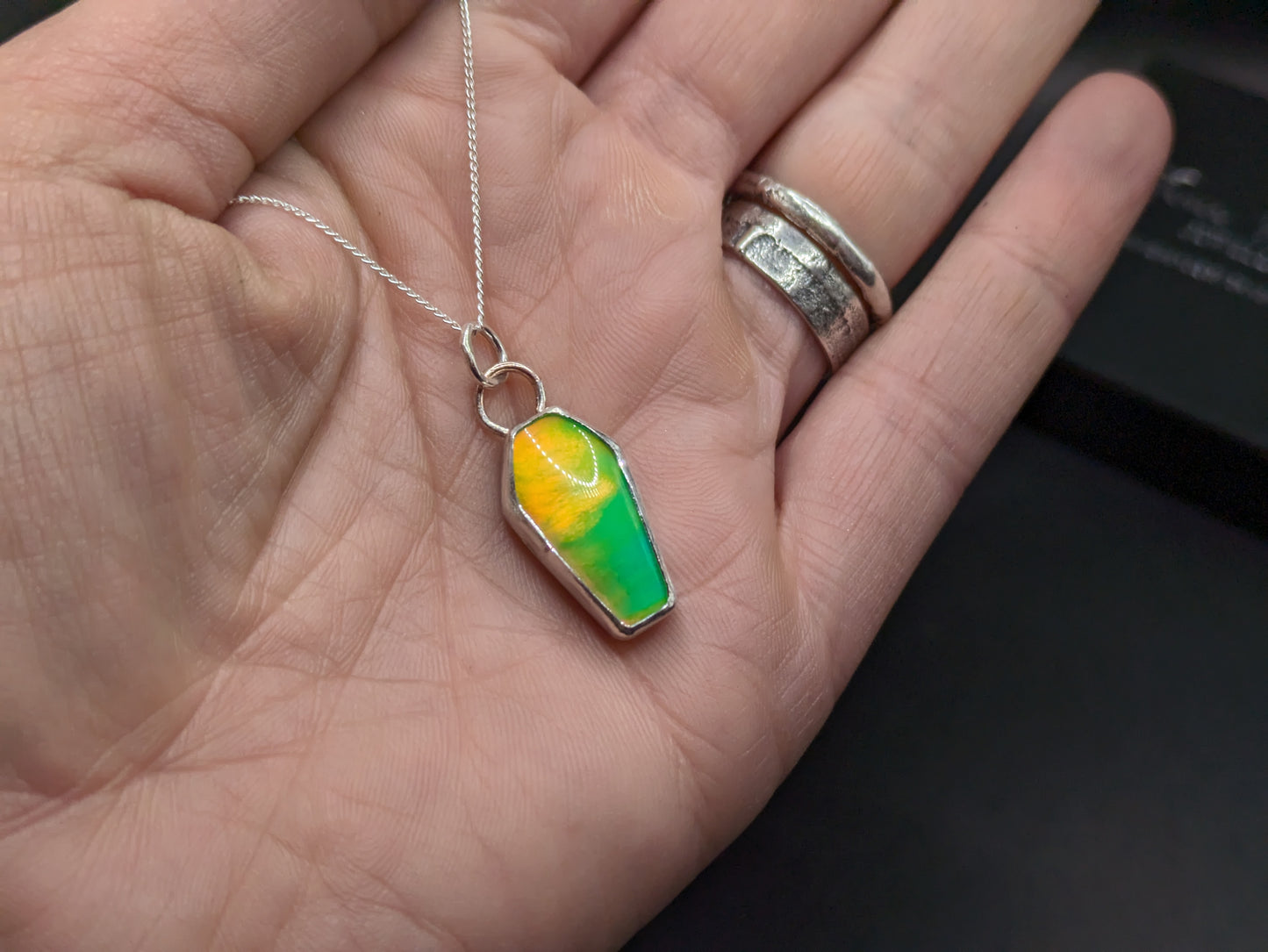 Bright Green Aurora Opal Coffin Pendant