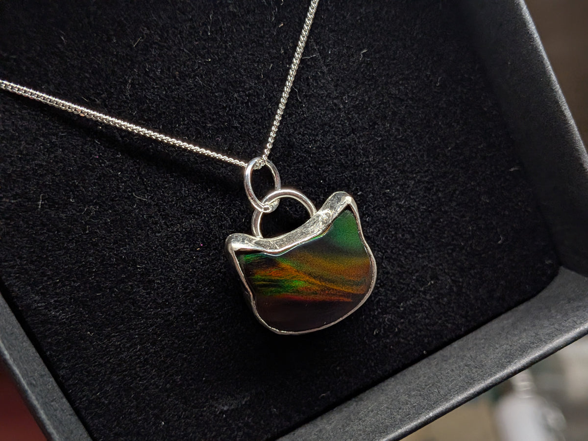 Iridescent Black Aurora Opal Cat Pendant