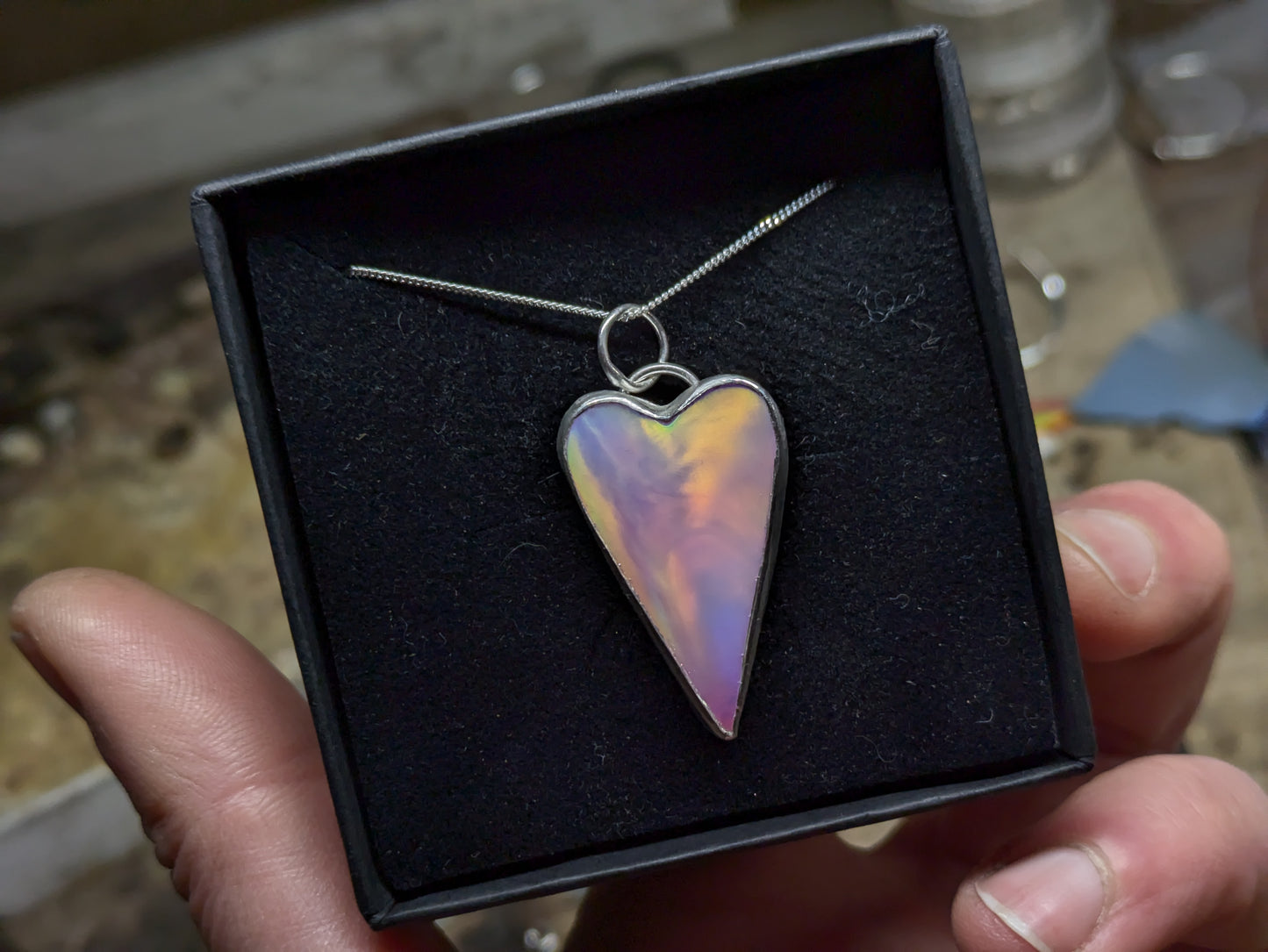 Long Pastel Aurora Opal heart Pendant
