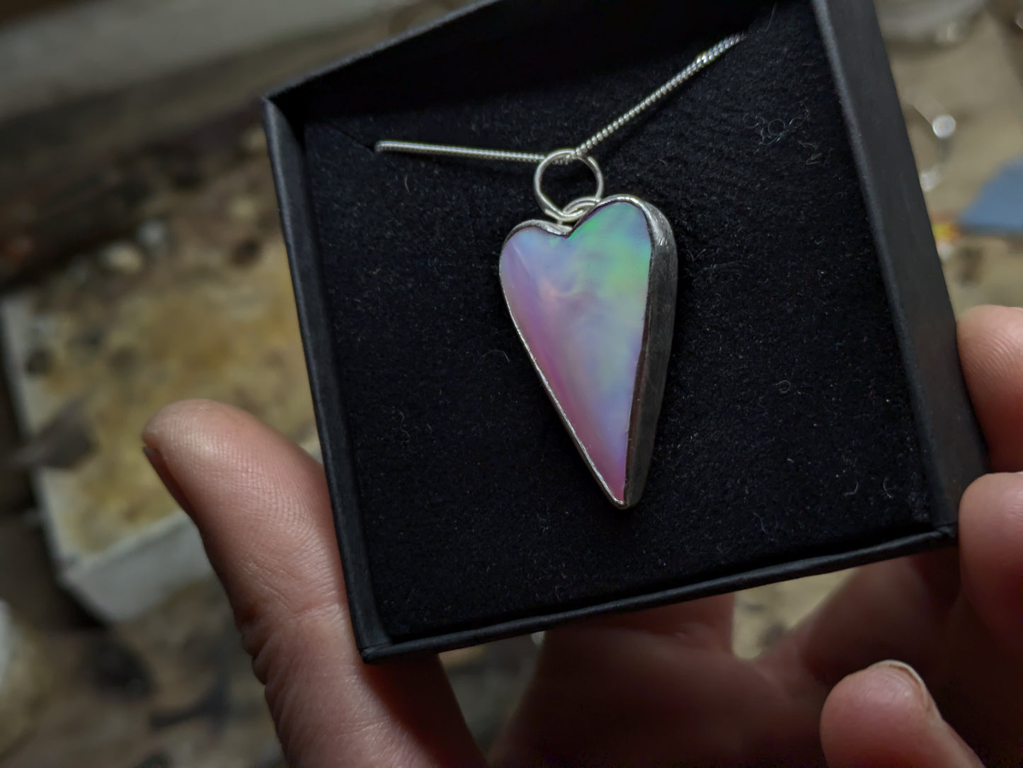 Long Pastel Aurora Opal heart Pendant