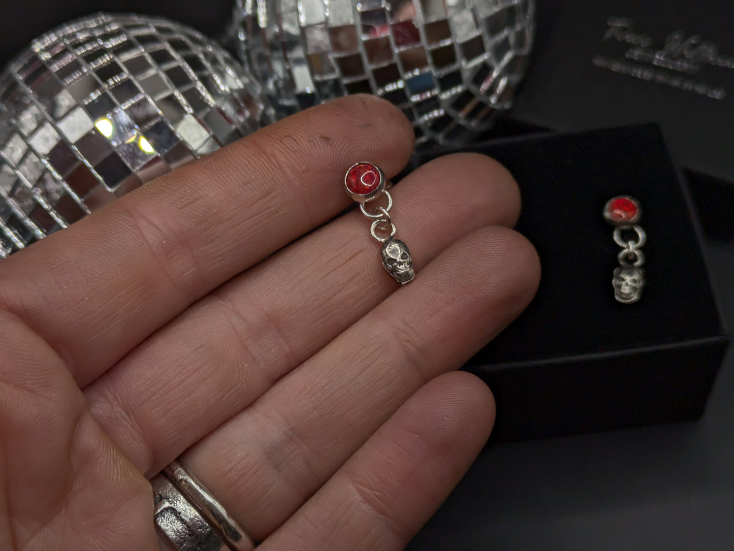 Red Opal With Skull Drop Studs