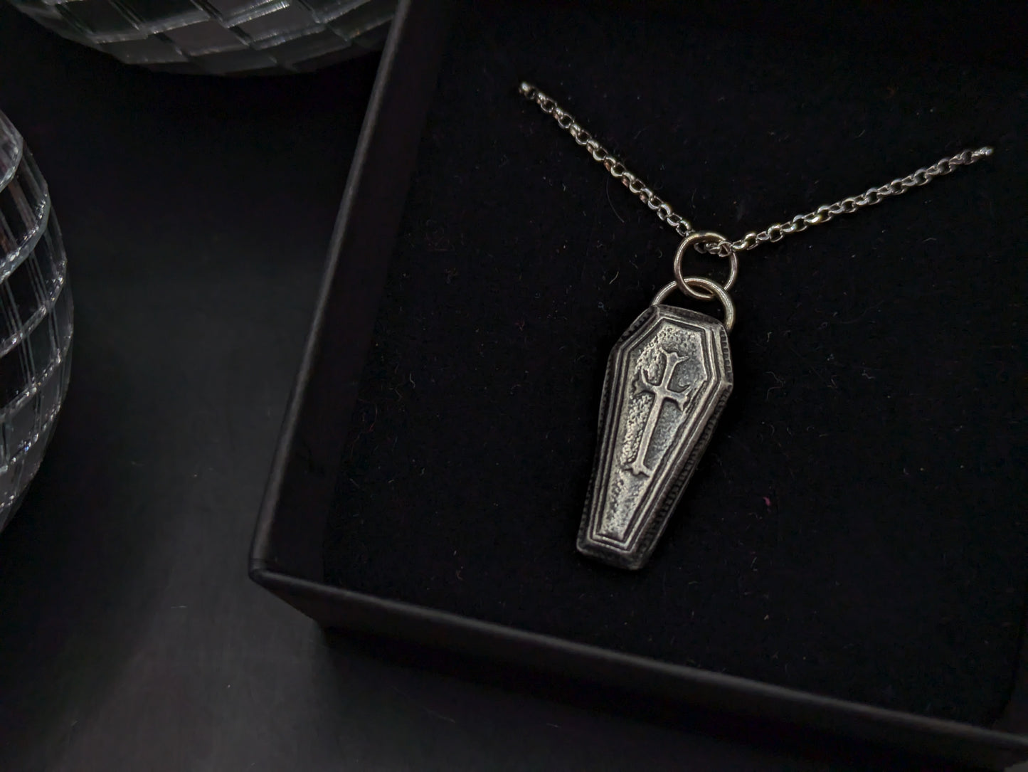 3D Oxidised Coffin Necklace