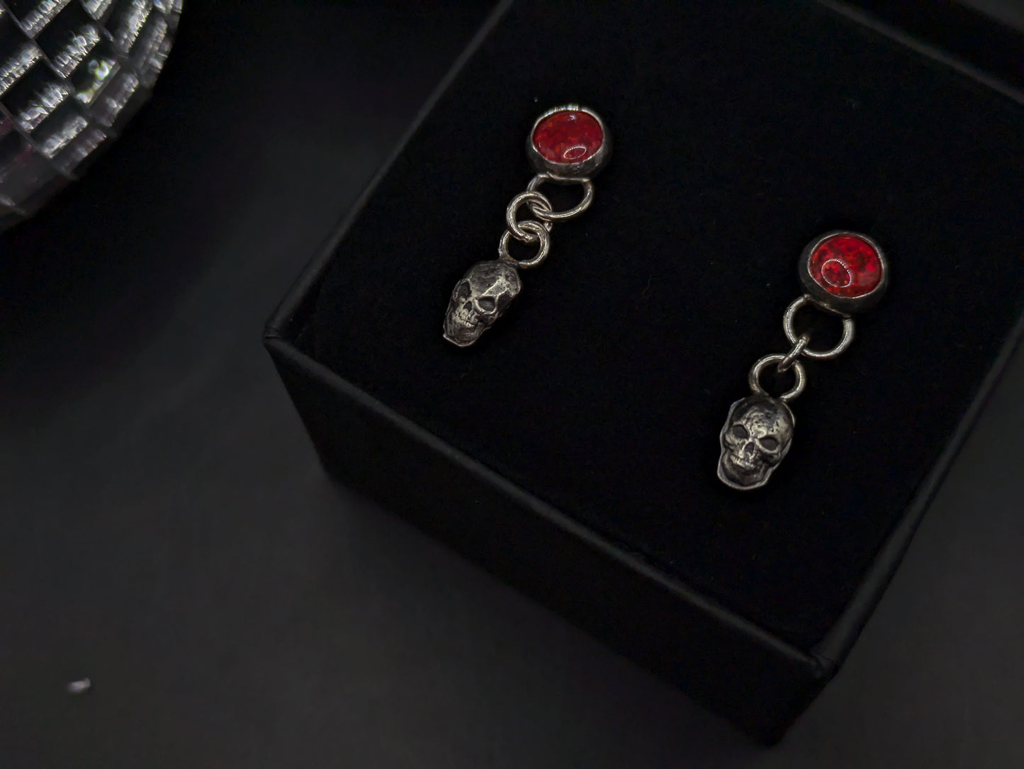 Red Opal With Skull Drop Studs