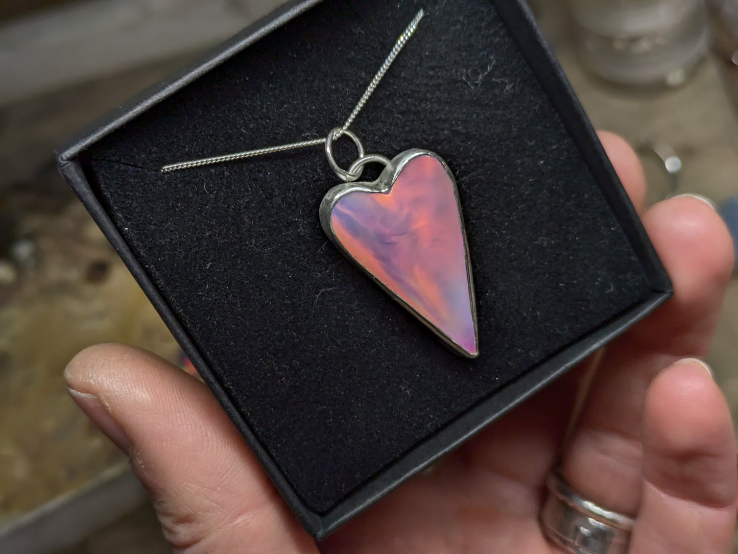 Long Pastel Aurora Opal heart Pendant