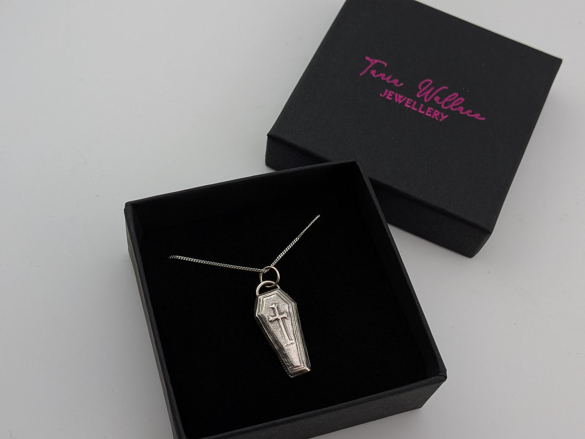 3D Oxidised Coffin Necklace