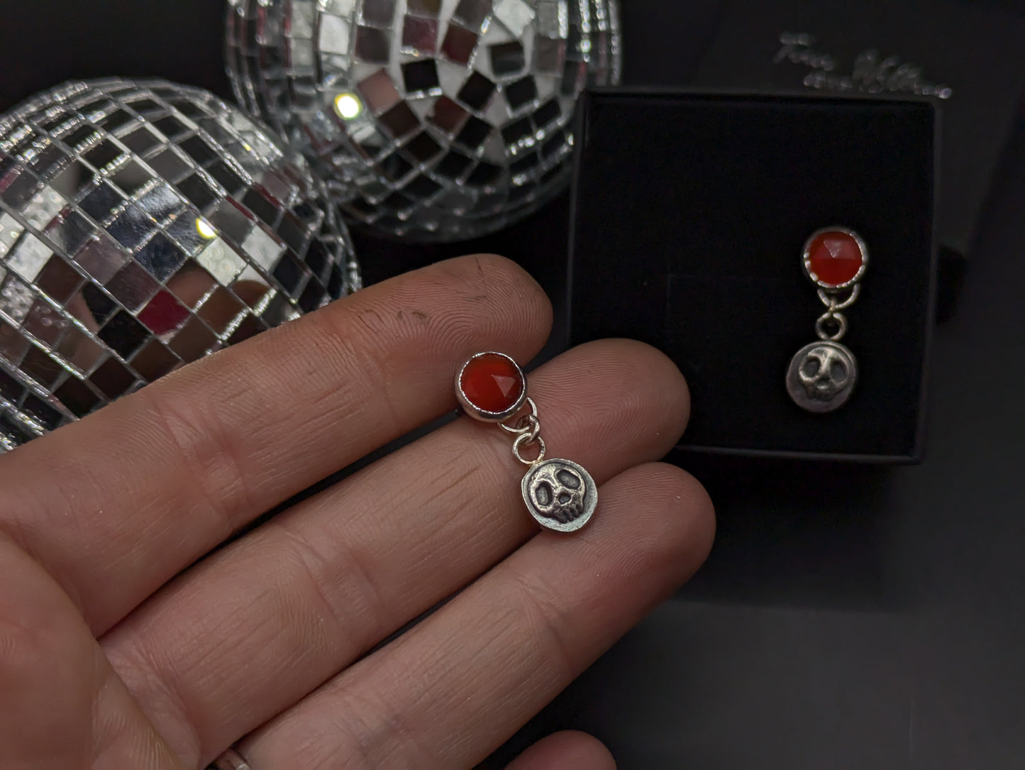 Carnelian and Silver Skull Drops