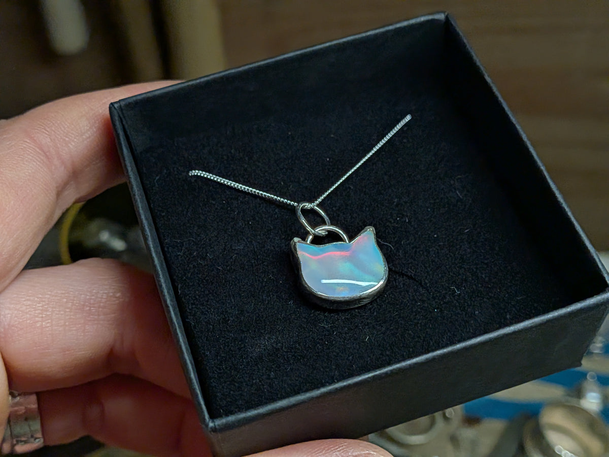 Iridescent Aurora Opal Cat Pendant