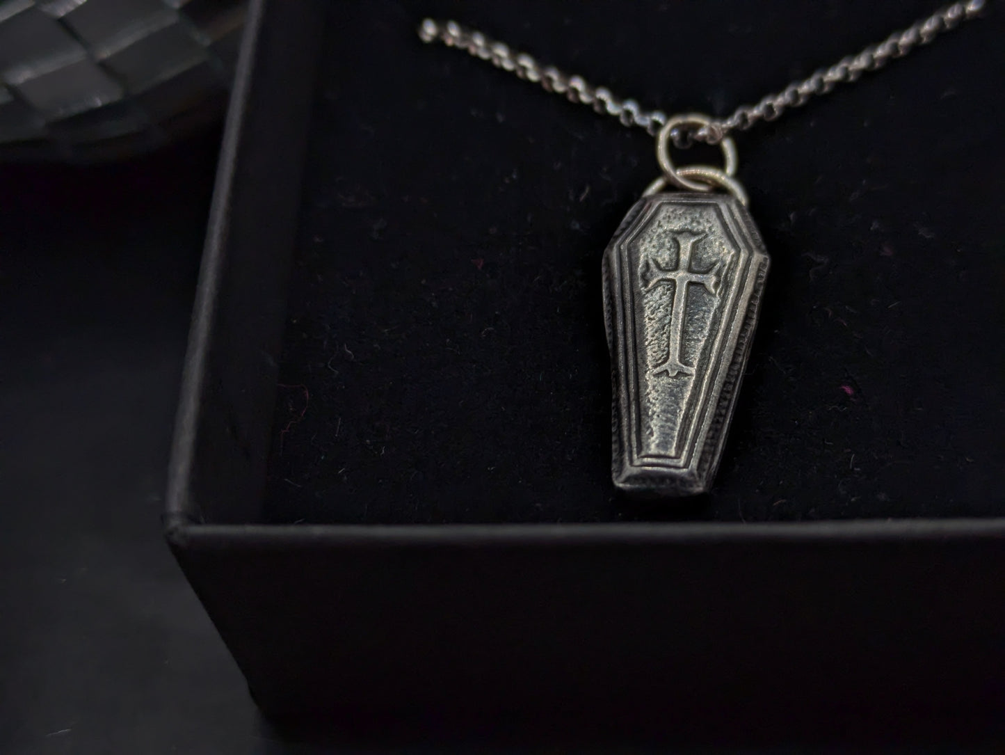 3D Oxidised Coffin Necklace