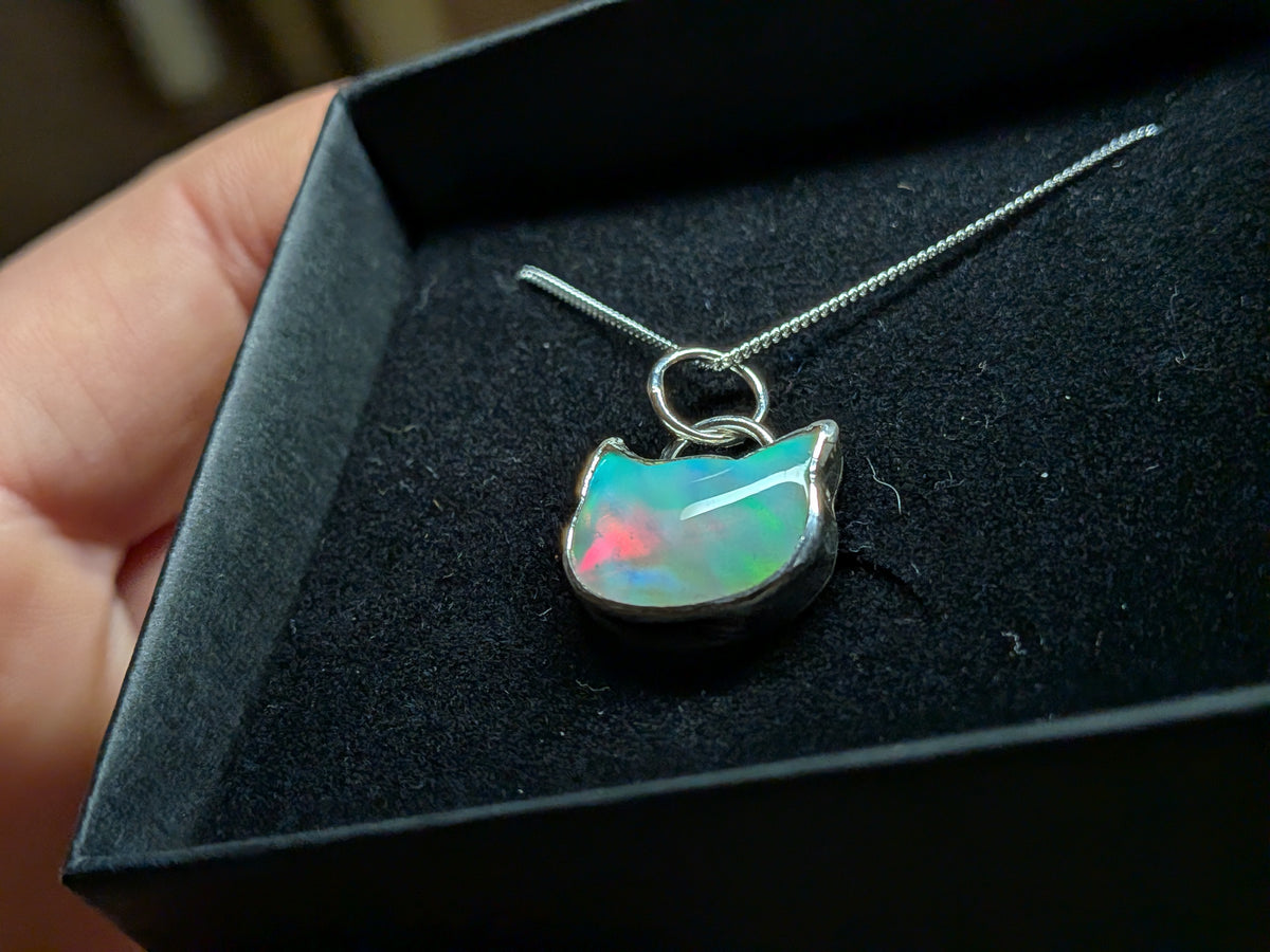 Iridescent Aurora Opal Cat Pendant