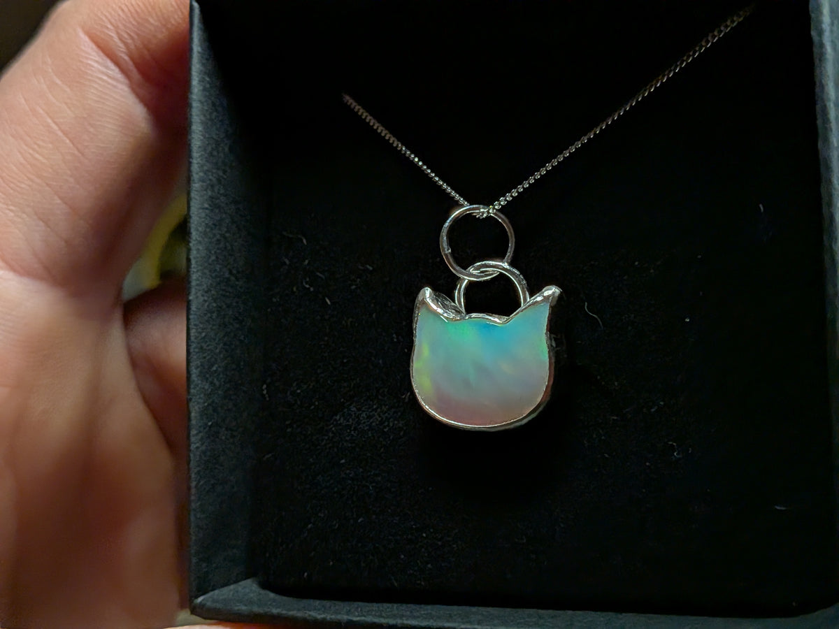 Iridescent Aurora Opal Cat Pendant