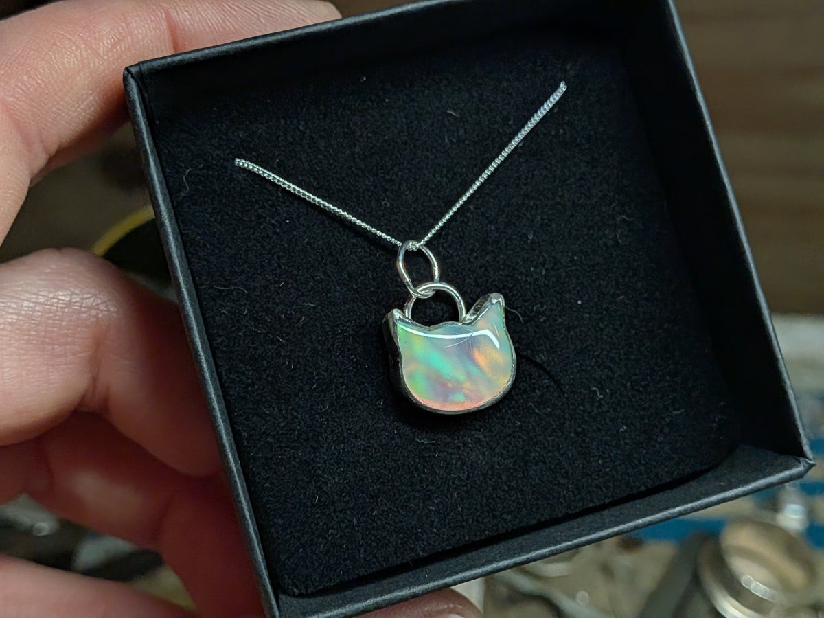 Iridescent Aurora Opal Cat Pendant