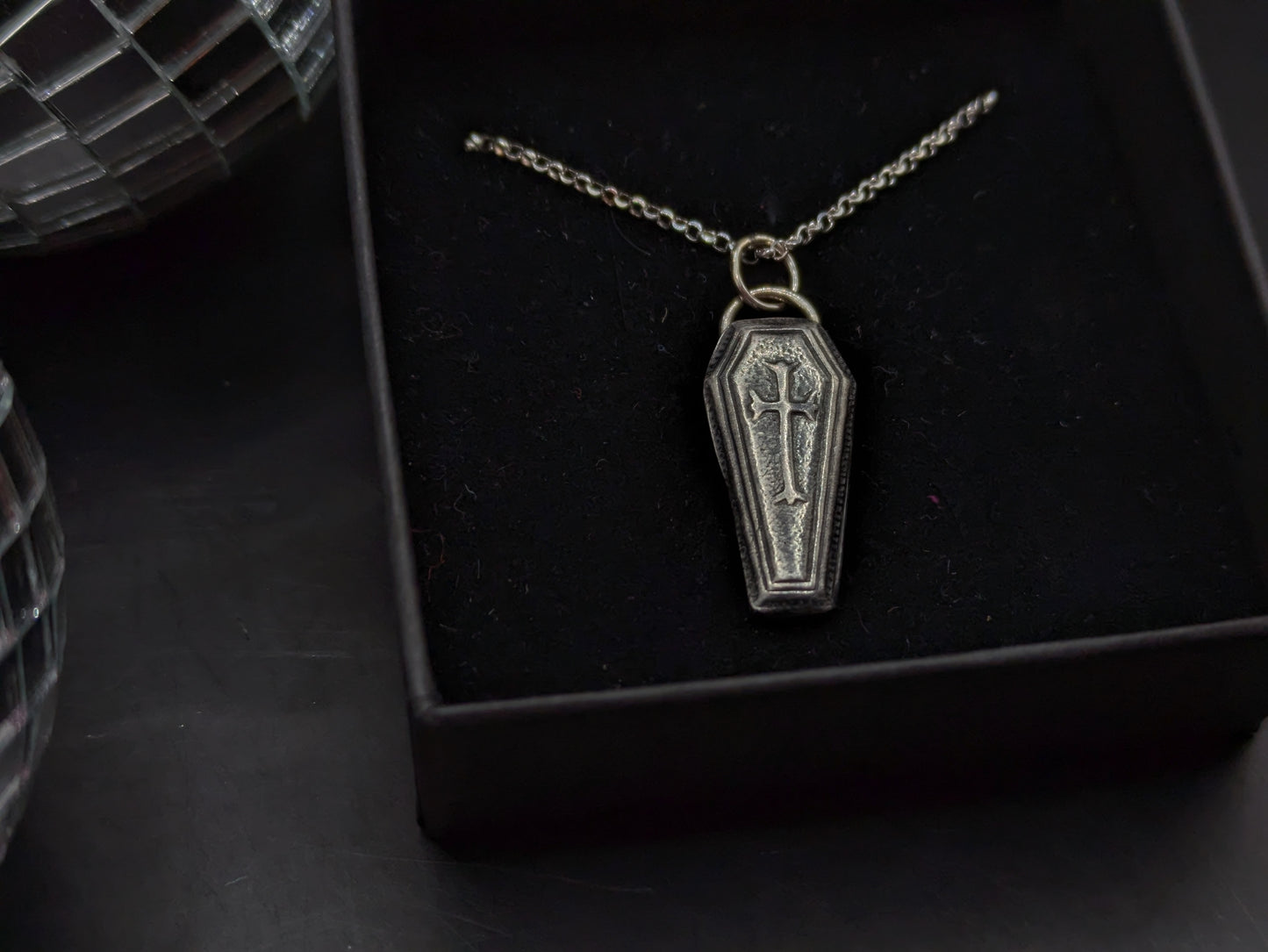 3D Oxidised Coffin Necklace
