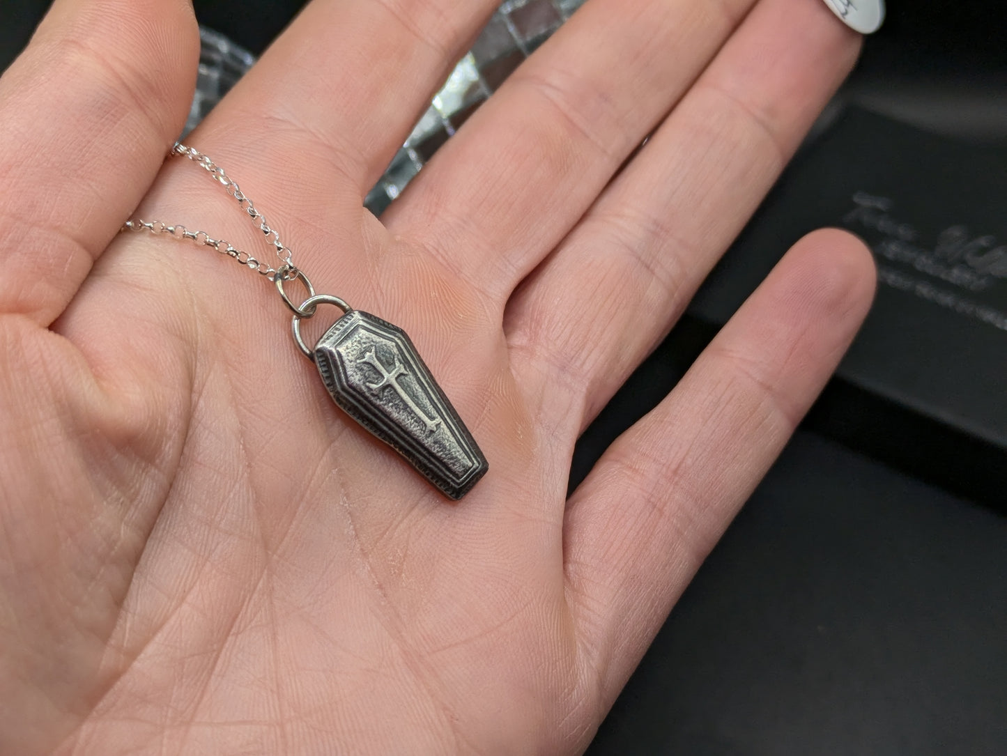 3D Oxidised Coffin Necklace