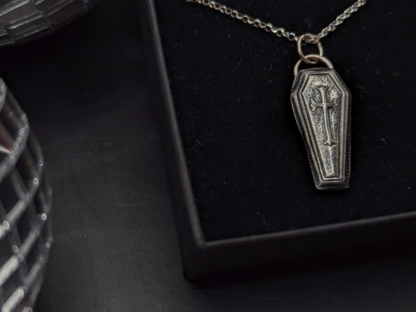 3D Oxidised Coffin Necklace