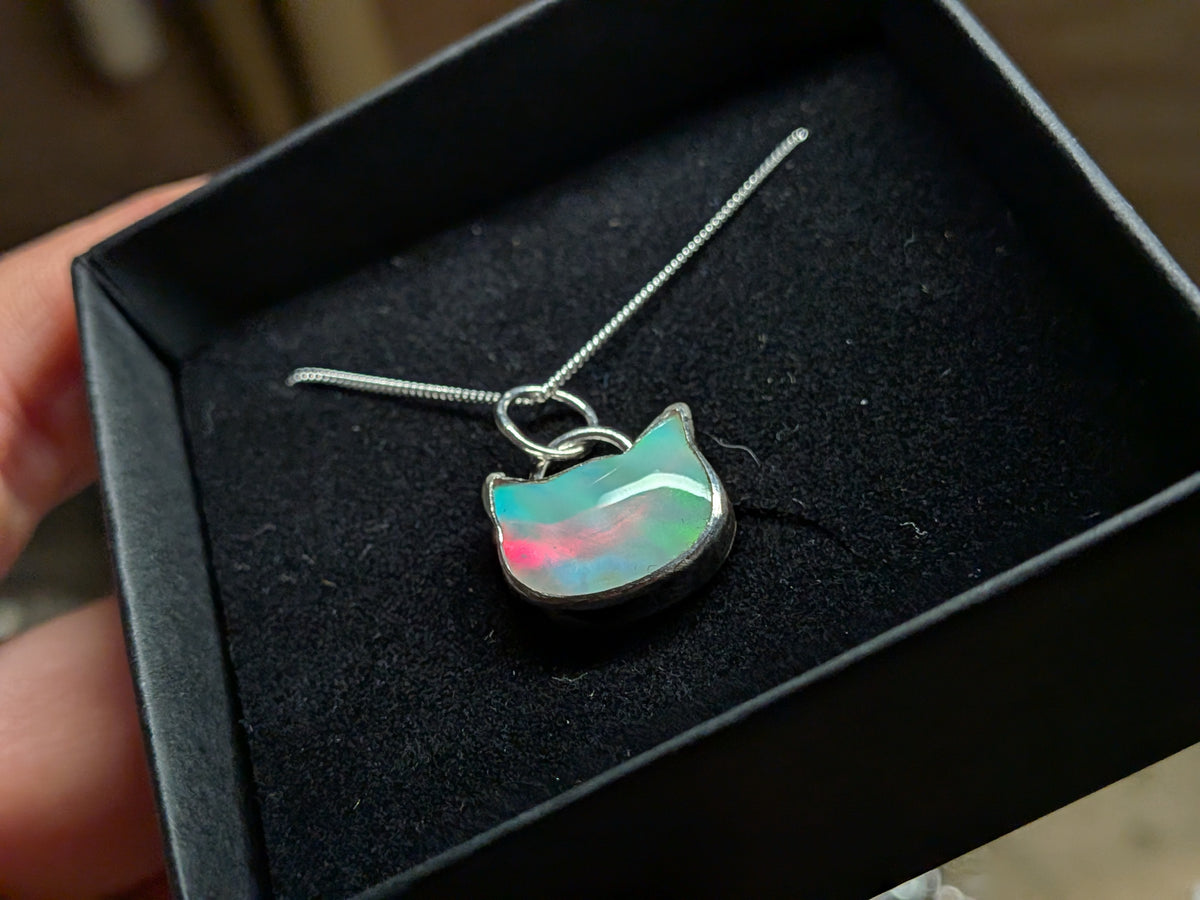 Iridescent Aurora Opal Cat Pendant